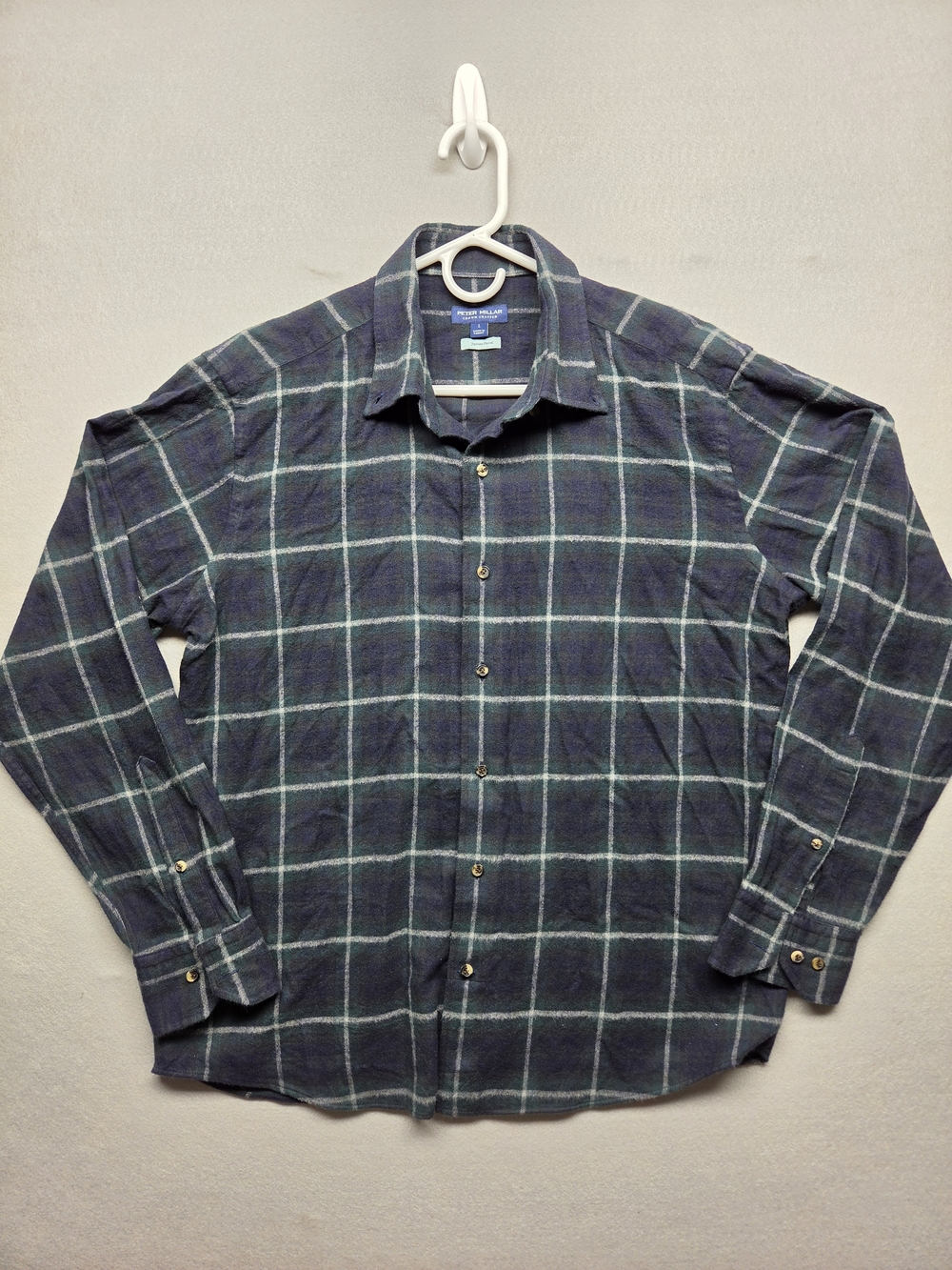 Peter Millar Japanese Flannel Men’s Dark Green Plaid Button-Up Shirt Large
